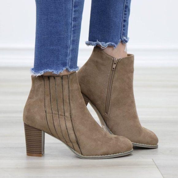 Shoes - Faux Suede Bock Heel Ankle Bootie